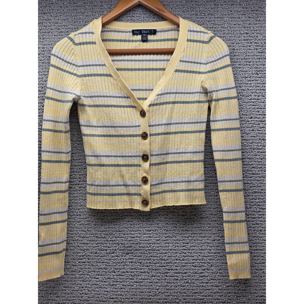 Say What? Womens Yellow Striped Ribbed Knit Cropped Button Front Cardigan Size M
